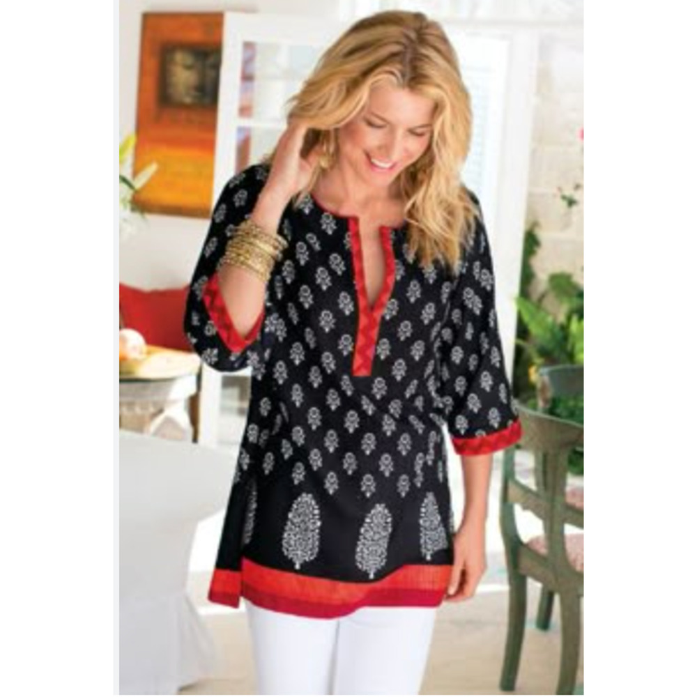 Soft Surroundings Tunic Top Women's Small Black, Red Floral Boho Peasant